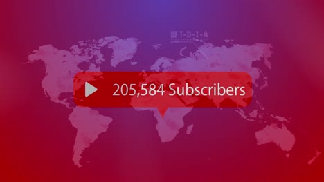 animación del texto de los suscriptores con un número creciente en el mapa del mundo en fondo rojo.