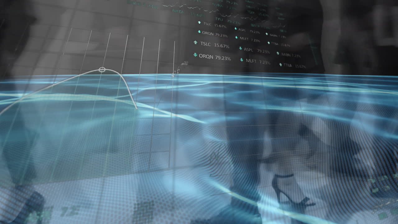 animación del procesamiento de datos financieros sobre peatones que caminan en movimiento rápido