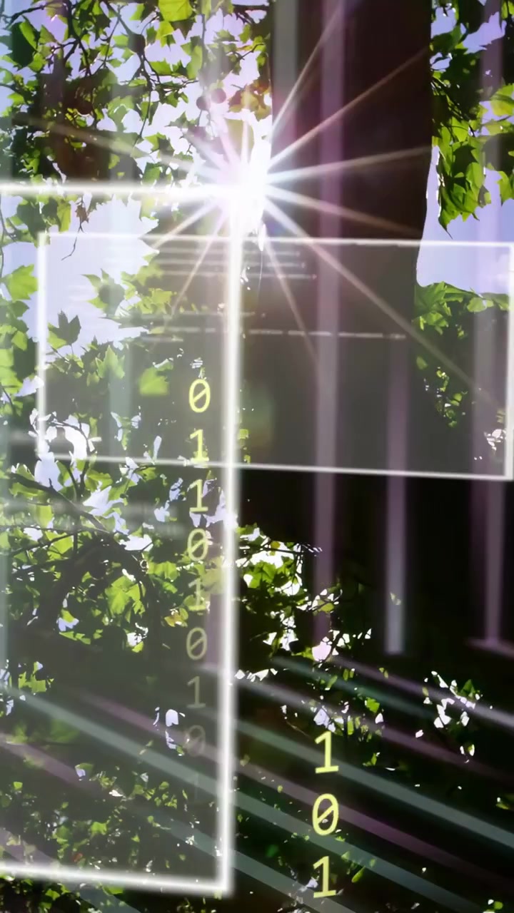 Vertikales Video: Sonnenstrahlen blitzen auf, HUD-Panels gleiten über Verdeck, Binärcode scrollt, zeigt Code.