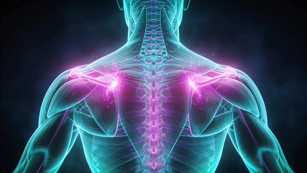 Starting rear-view animation, male torso pulsing shoulder hotspots, highlighting spine for study