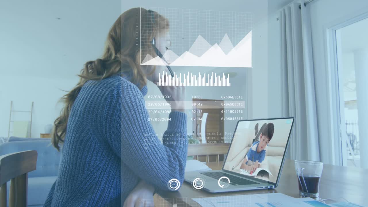 Animation of network of connections over businesswoman using phone headset