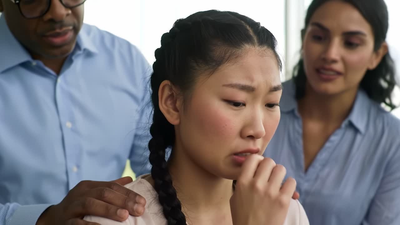 A tense interaction unfolds in a contemporary office space, highlighting a woman visibly distressed in response to a man's challenging demeanor. The atmosphere is charged with emotion.