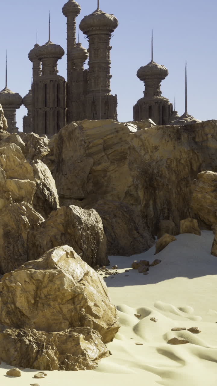 In una zona desertica arida, grandi rocce sono sparse a terra.