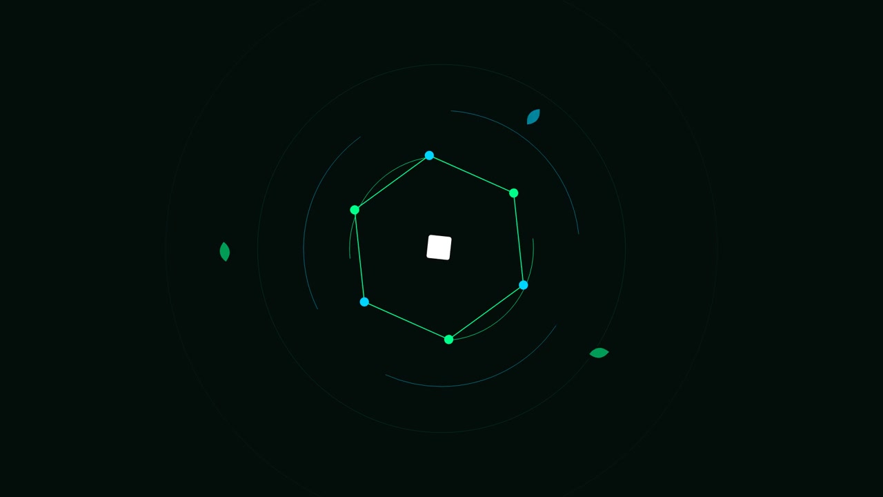 Abstract Motion Graphic of Rotating Hexagon and Orbiting Elements