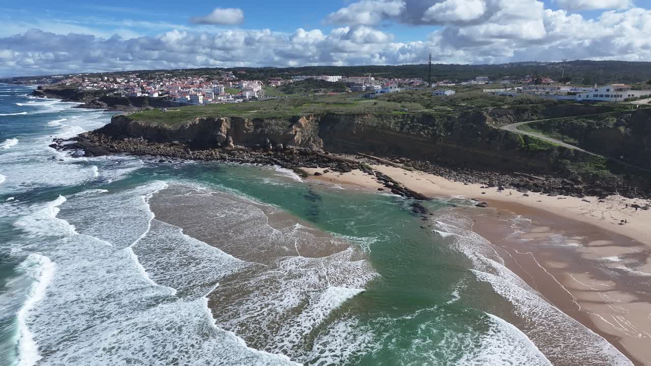 Big Beach At Sintra In Lisbon District Portugal. Beach Landscape. Nature Seascape. Travel Destination. Big Beach At Sintra In Lisbon District Portugal. Turquoise Water