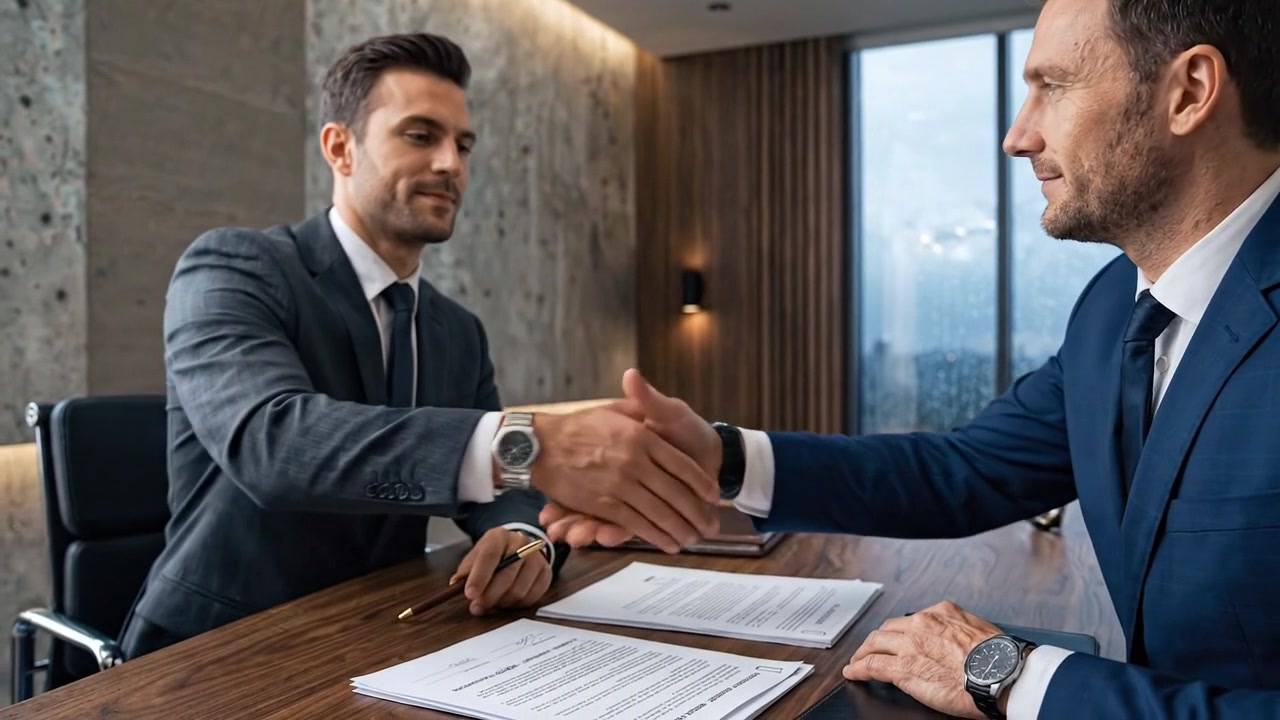 Corporate manager completing business agreement documents