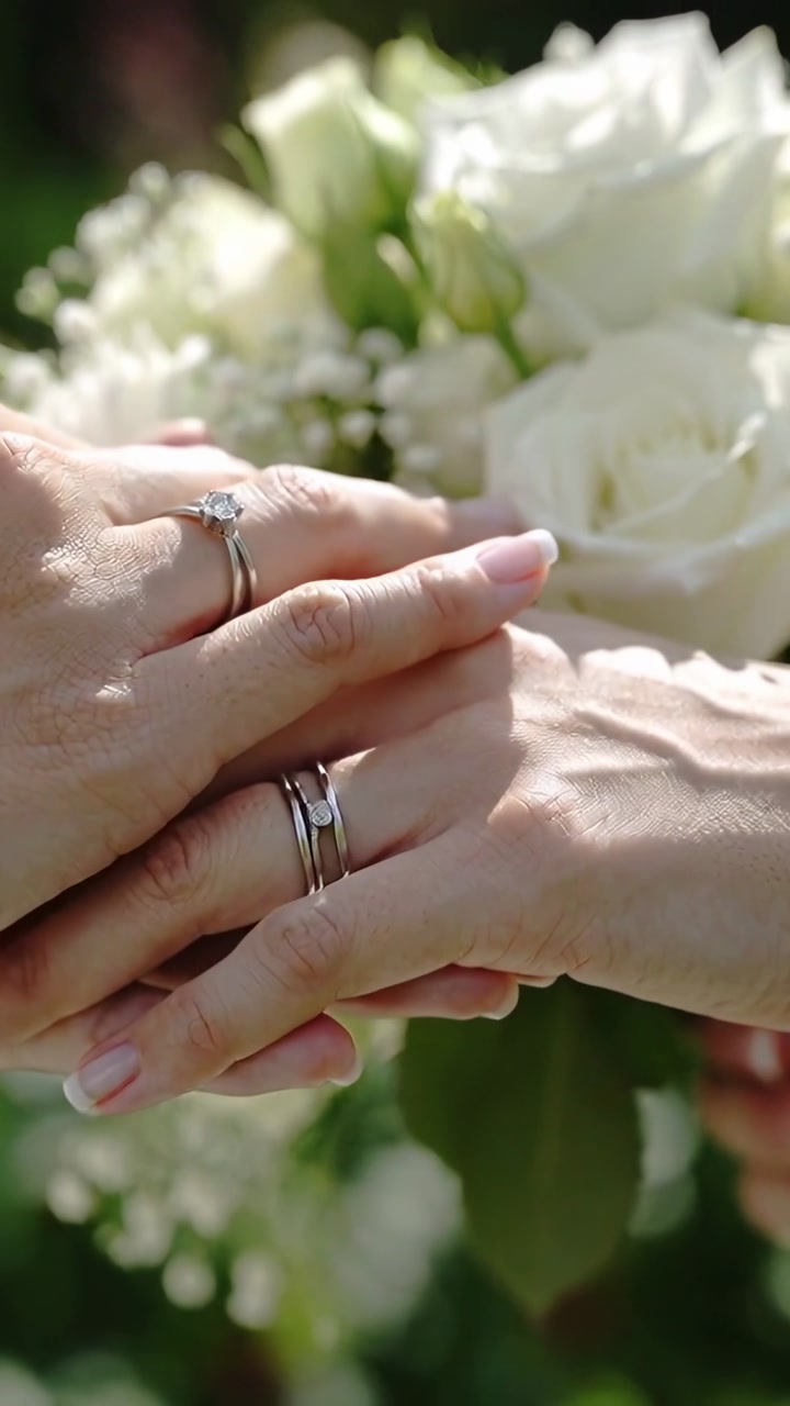 Couple placing hands together shifting fingers revealing rings for wedding, sunlight glinting roses