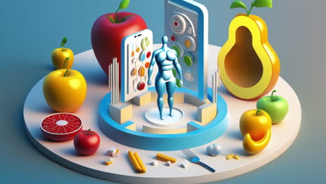 nutrition and healthy eating illustration, 3d cartoon concept of healthcare weight loss, diet and wellbeing