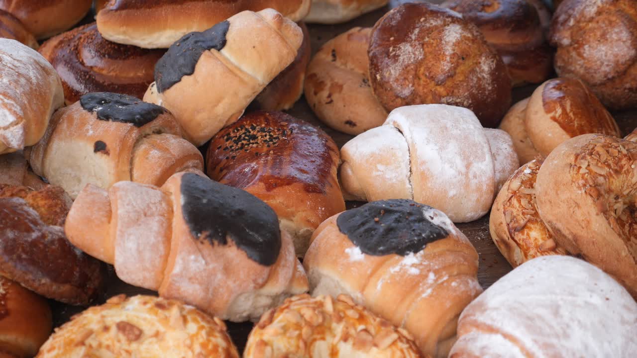 A variety of fresh, baked pastries and breads at a bakery