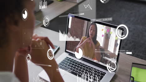 animación del procesamiento de datos financieros sobre diversas personas de negocios en una videollamada portátil