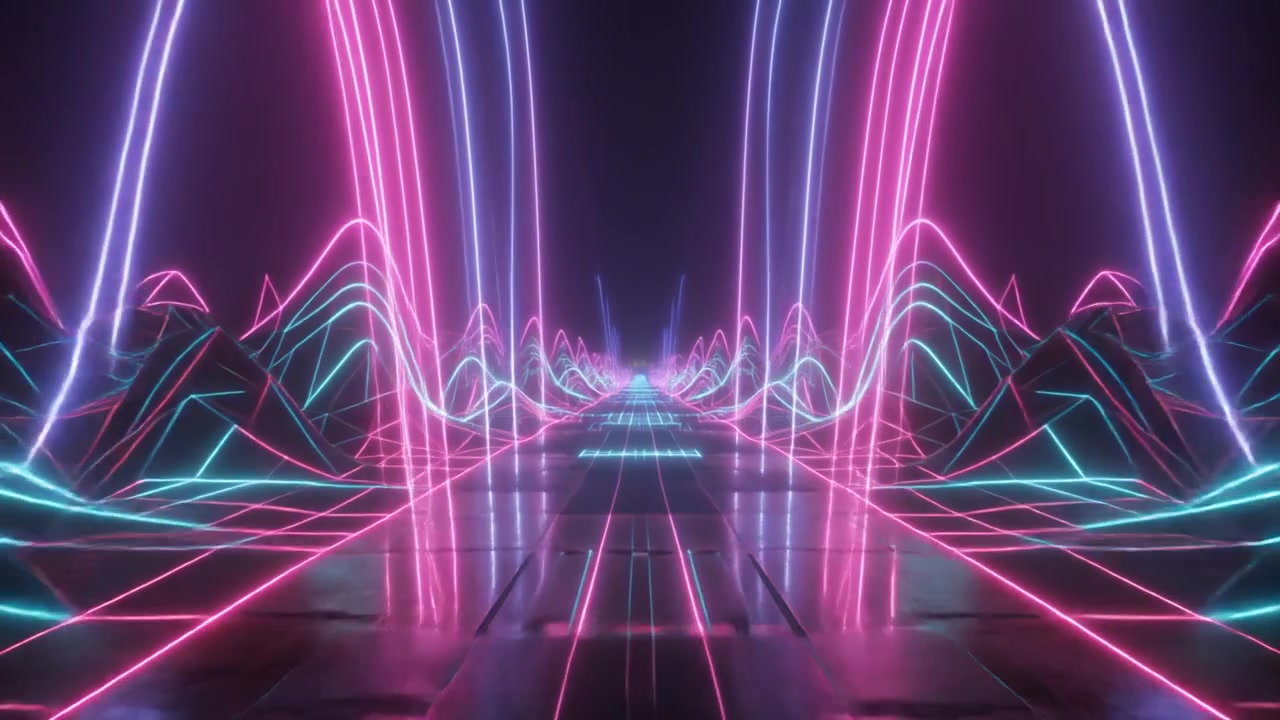 Paesaggio digitale futuristico al neon con onde di luce luminose