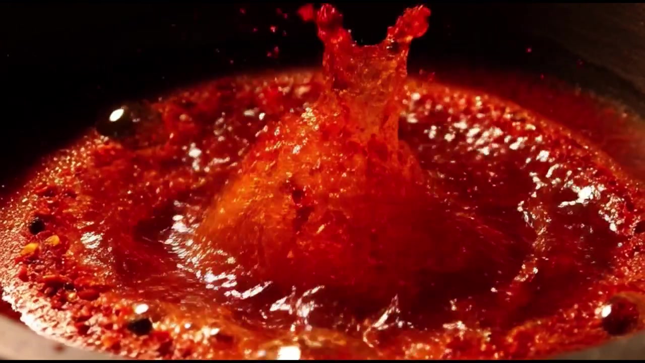 Olio al peperoncino che bolle e schizza in una padella calda