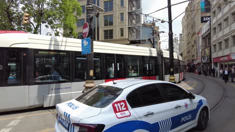 istanbul tram in a city street