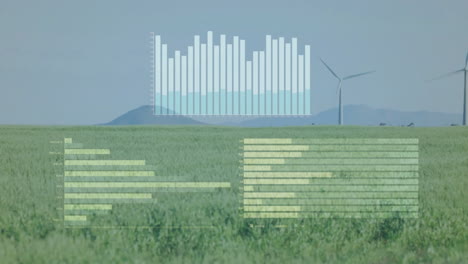 animation of financial data processing over wind turbines field in countryside