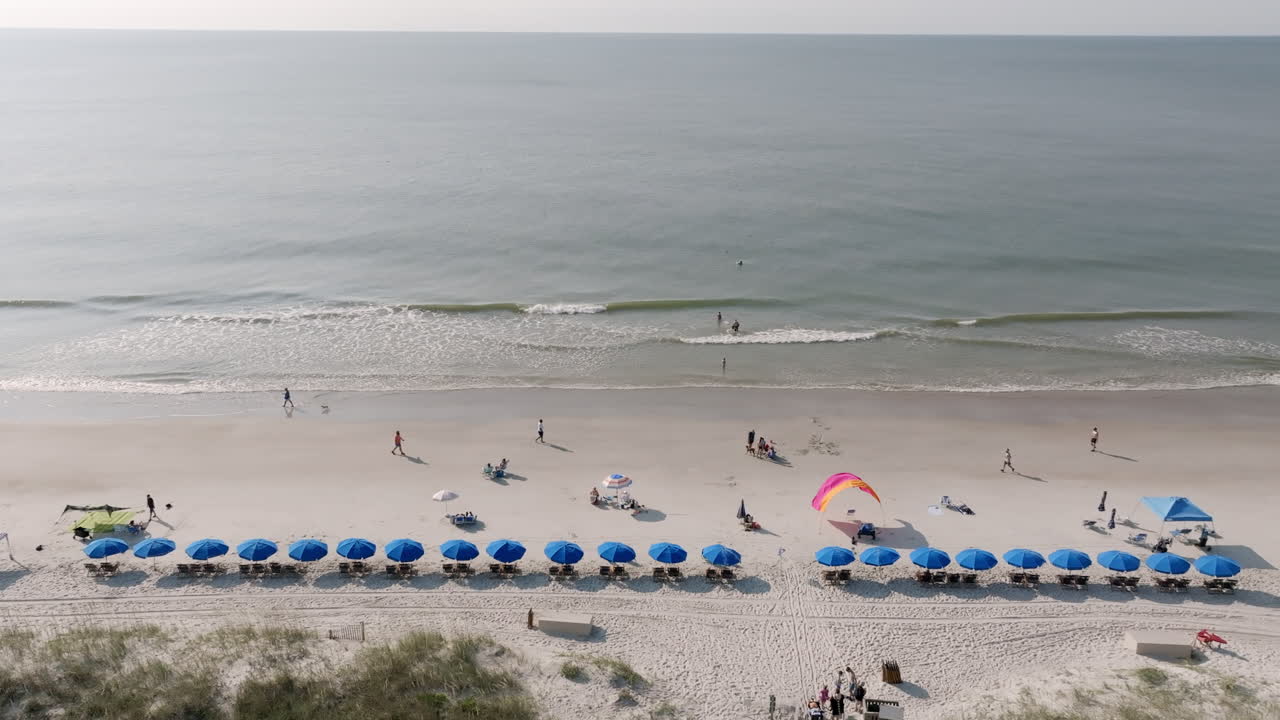 A neat row of blue umbrellas lines the shore while beachgoers relax and walk along the water’s edge