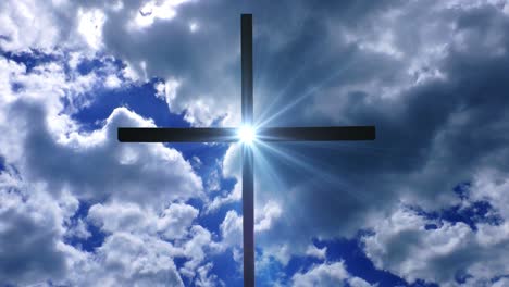 a bright light in the middle of a cross against a cloud background against a clear blue sky