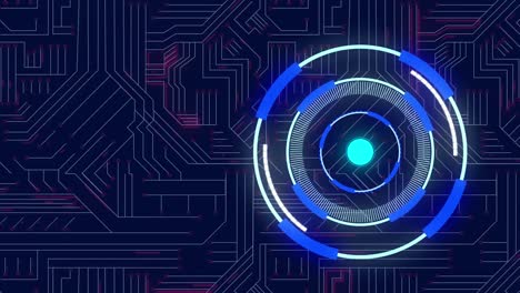 Animation-of-neon-round-scanner-spinning-over-microprocessor-connection-on-blue-background