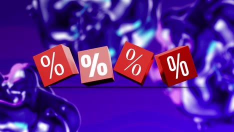 animación de símbolos de porcentaje de ventas en cubos rojos sobre fondo púrpura