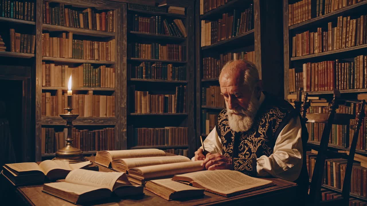Vintage video scene of an elderly man writing in a dimly lit library