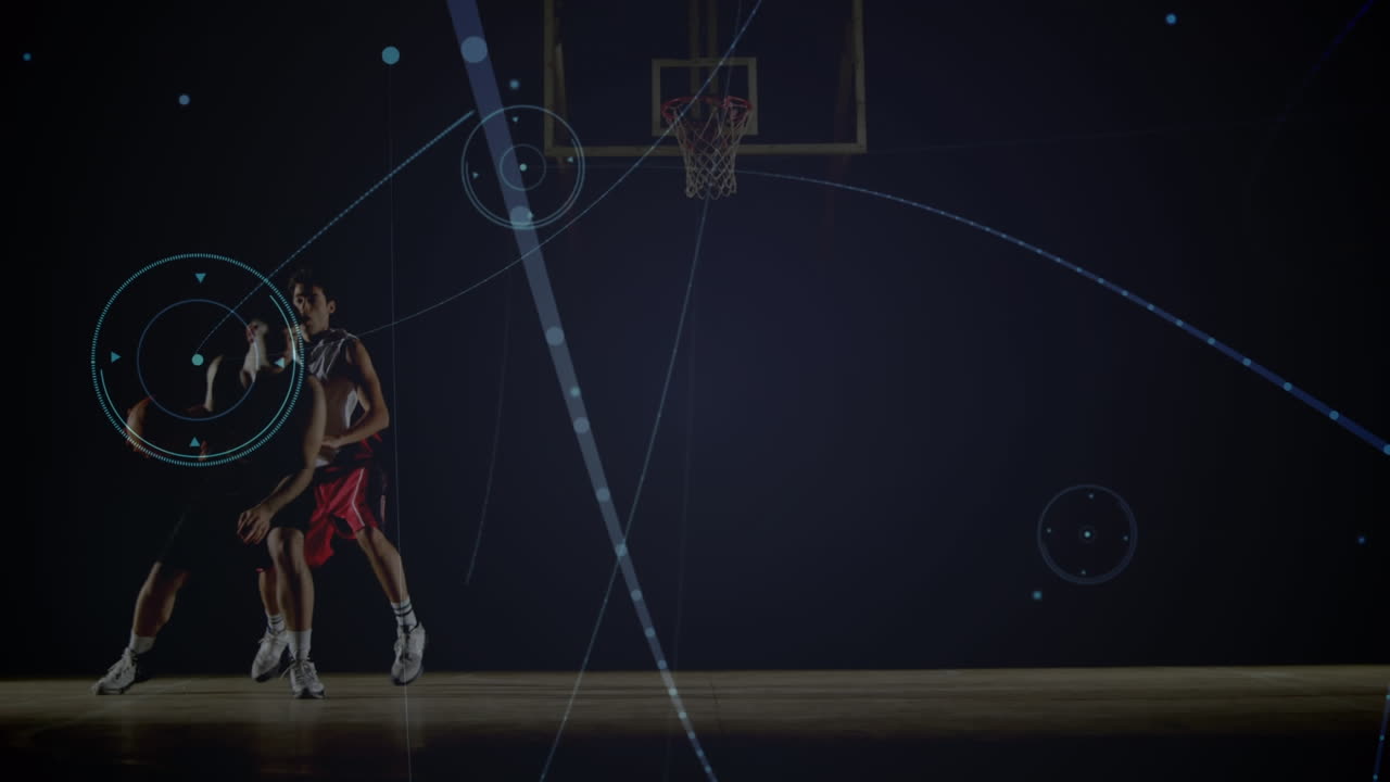 animación de redes de conexiones entre diversos jugadores de baloncesto en el gimnasio