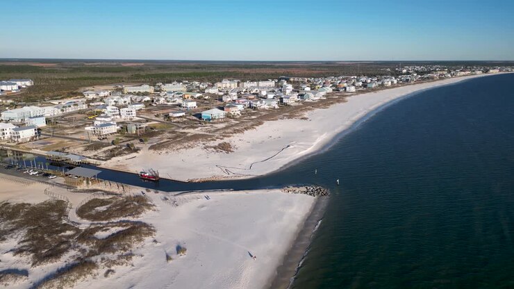 Ripresa panoramica con drone sull'acqua della spiaggia di Mexico Beach, Florida, che mostra sabbie bianche e la ricostruzione quattro anni dopo l'uragano Michael.