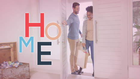 animation of home text over diverse couple entering house through front door