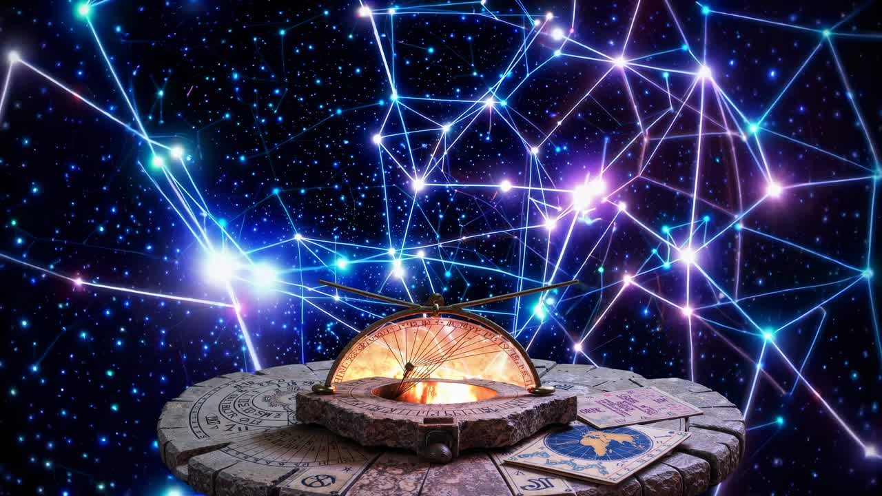 A mystical sundial on a stone base with a cosmic star map background