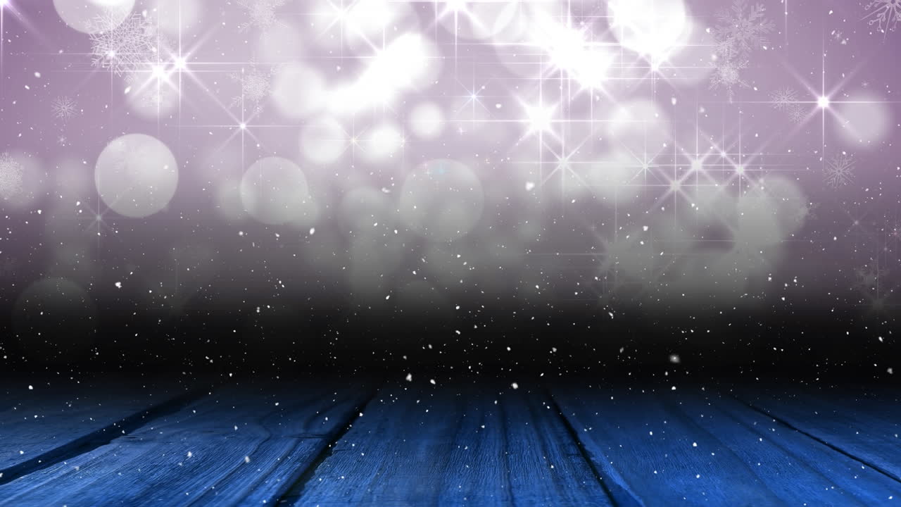 반 ⁇ 이는 불빛과 나무 표면 위에 내리는 눈의 애니메이션