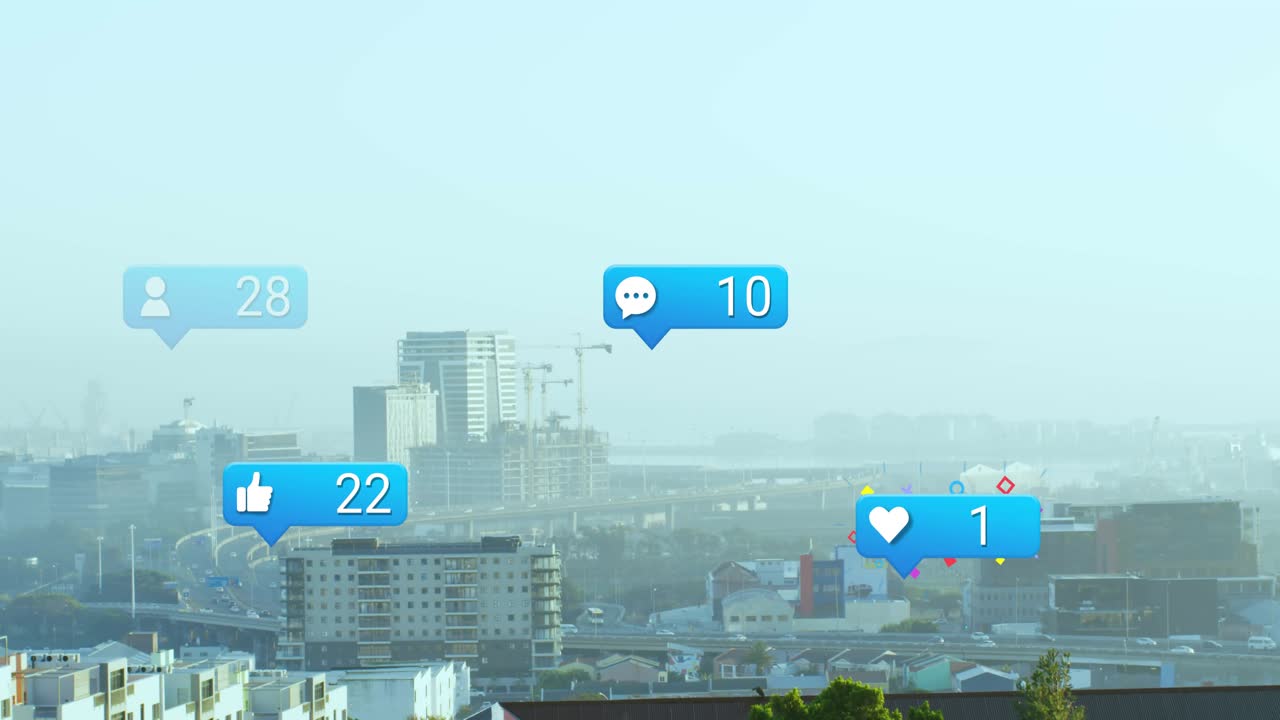 Single empty blue bubble appearing, glossy badges floating and increasing counts to show engagement