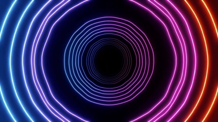 Vibrant Neon Light Rings Moving Through a Dark Tunnel