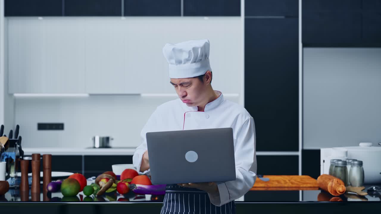 cocinero asiático usando una computadora portátil y teniendo dolor de cabeza mientras está de pie en la cocina de casa