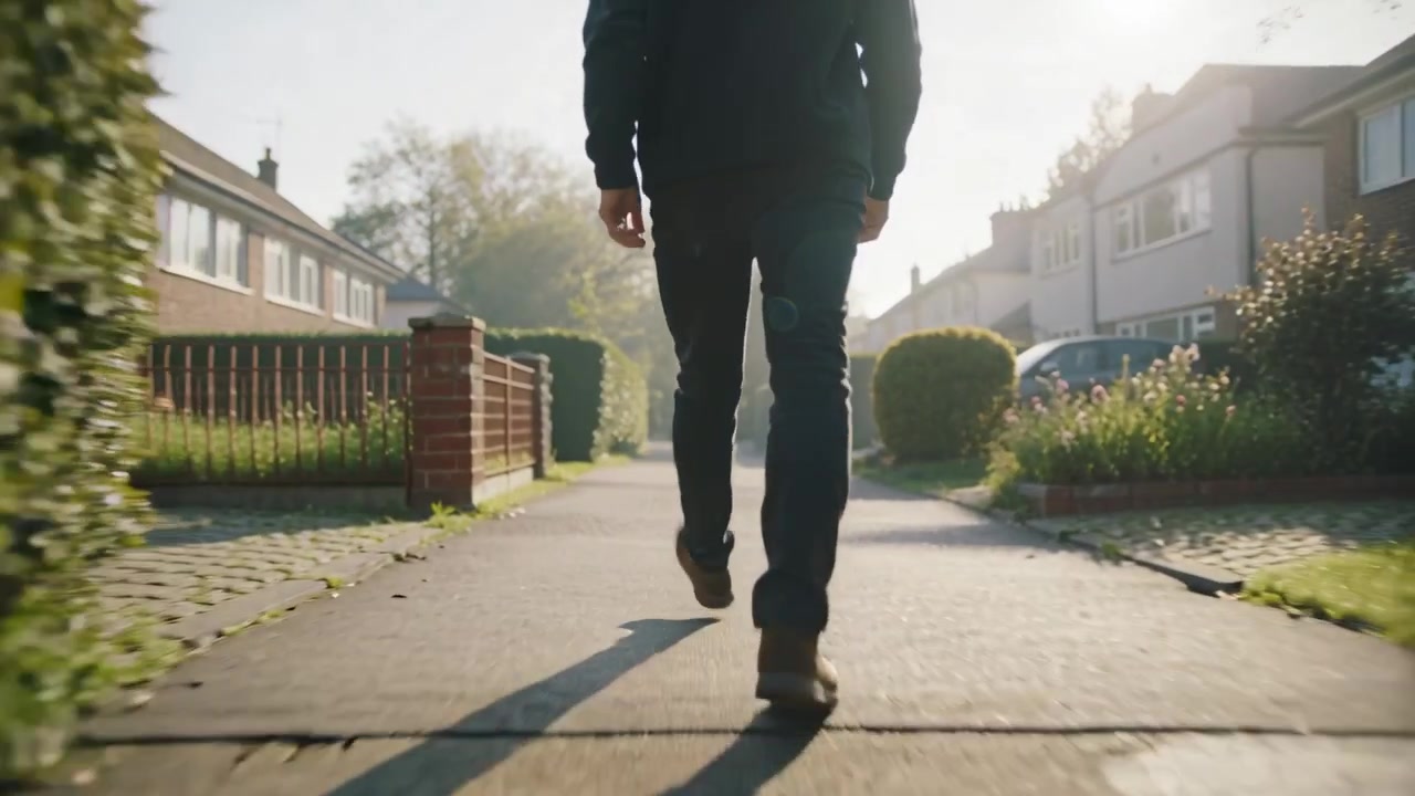 Stepping adult male initiating steady walking along suburban sidewalk, wearing dark jacket, boots