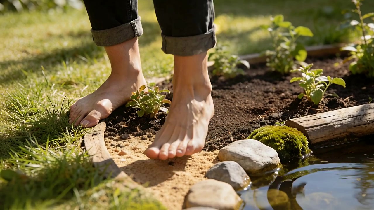 Walking barefoot in rolled jeans, shifting toes along garden pond edge, touching sand, stones