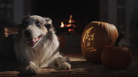 el perro está descansando junto a la chimenea, junto a las decoraciones de halloween. cálido hogar acogedor y vacaciones de otoño