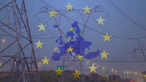 animation of rotating stars of european union flag and map of europe over electricity pylons