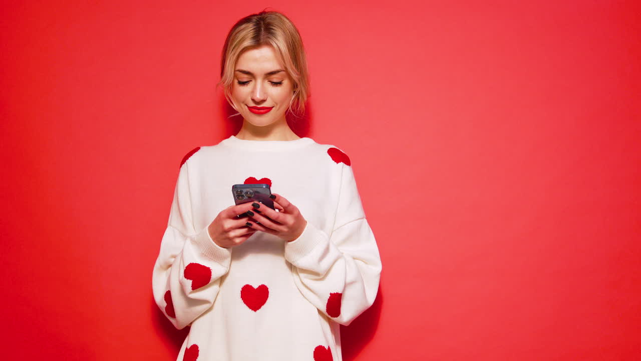 mujer usando un teléfono con un suéter de corazón