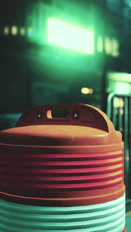 close-up of a reflective barrier in a neon lit city street at night