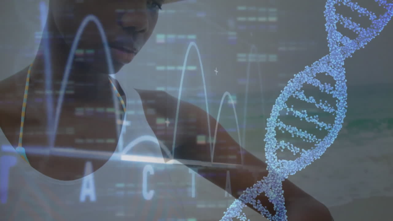 DNA strand and genetic data animation over person in scientific setting