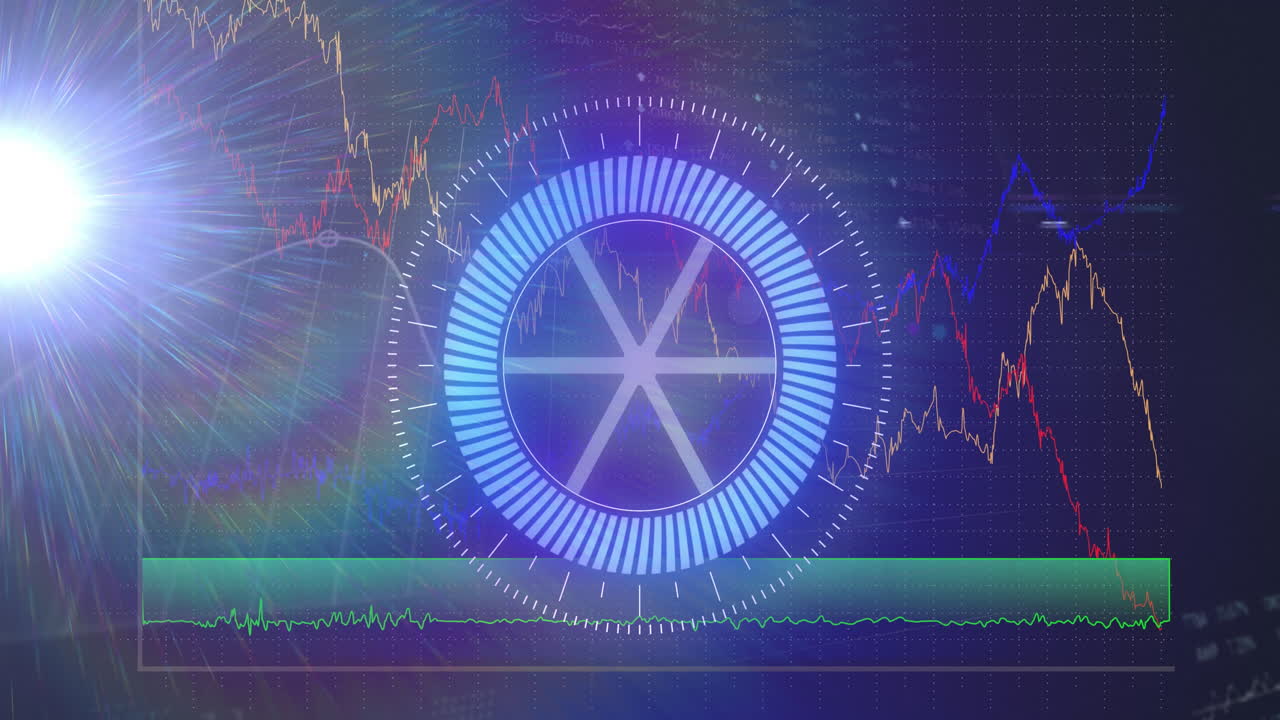 과학적 그래프와 데이터 위에 움직이는 나침반의 애니메이션