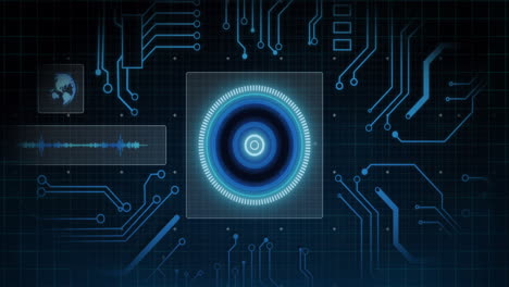 animation of scope scanning and data processing on screen with circuit board elements in background