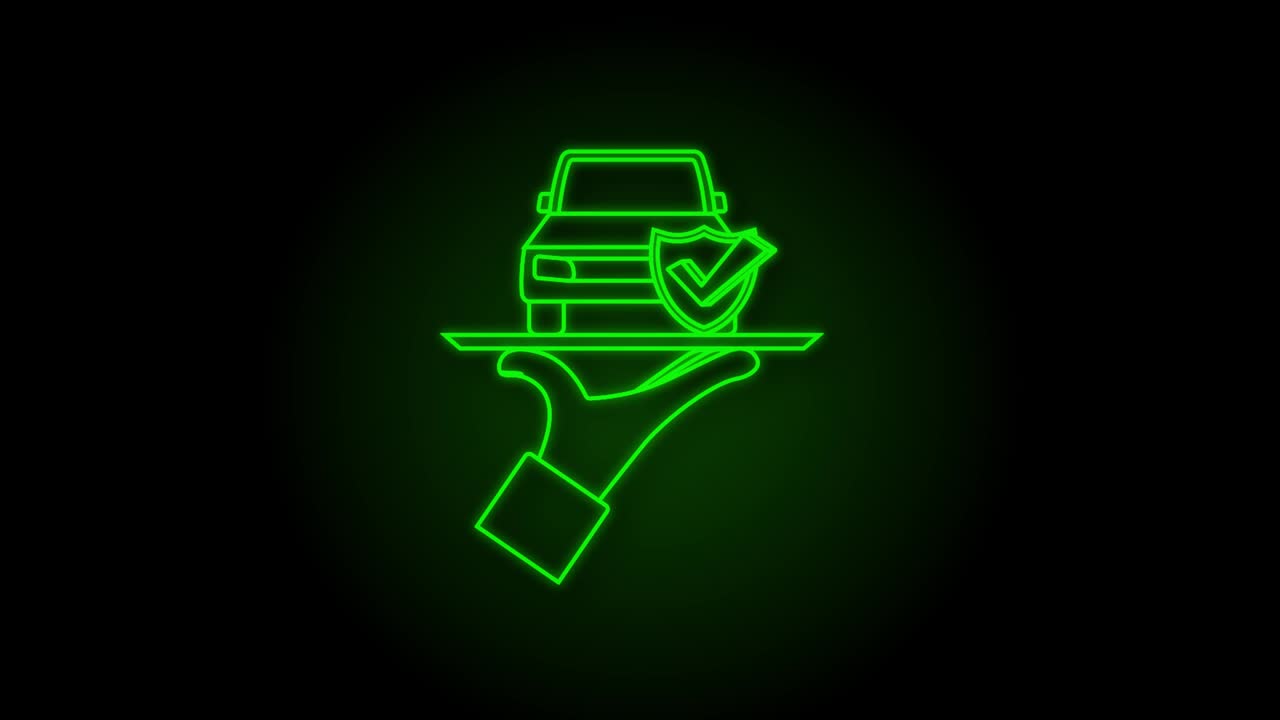 Documento di contratto di assicurazione auto sulle mani. Icona scudo al neon. Protezione. Motion graphic.