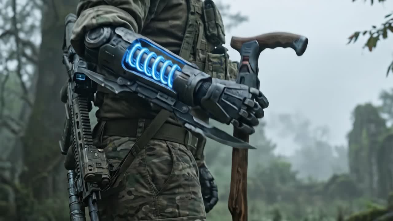 バイオニックアームとライフルを持って、霧深い森を歩く兵士
