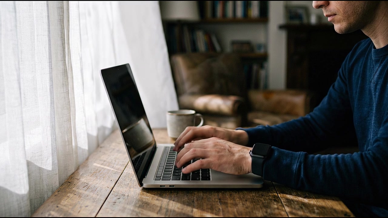 Uomo che lavora da remoto al laptop alla scrivania di casa, accanto a una tenda e una tazza di caffè, in un interno accogliente.
