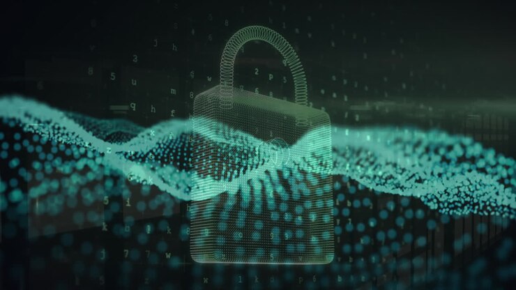 Animation of blue digital wave and security padlock icon against grey background