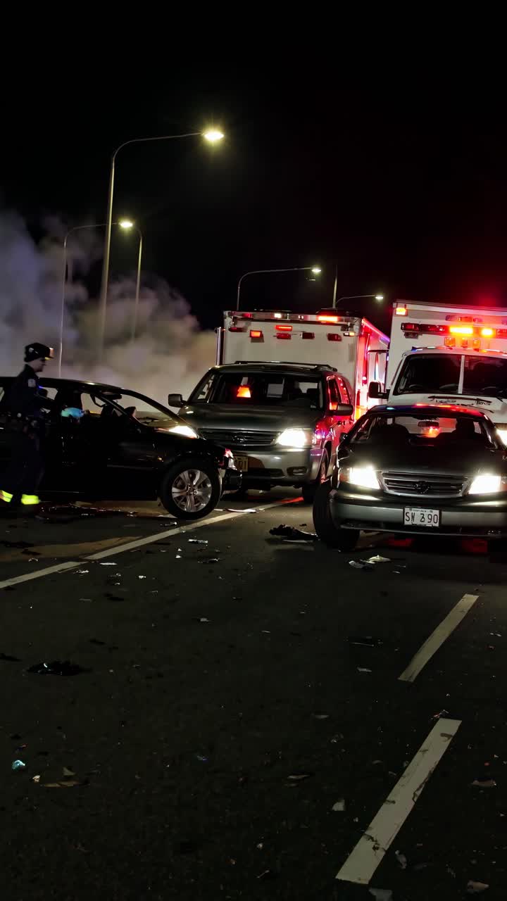 Nighttime accident scene with emergency vehicles, shot from a low angle