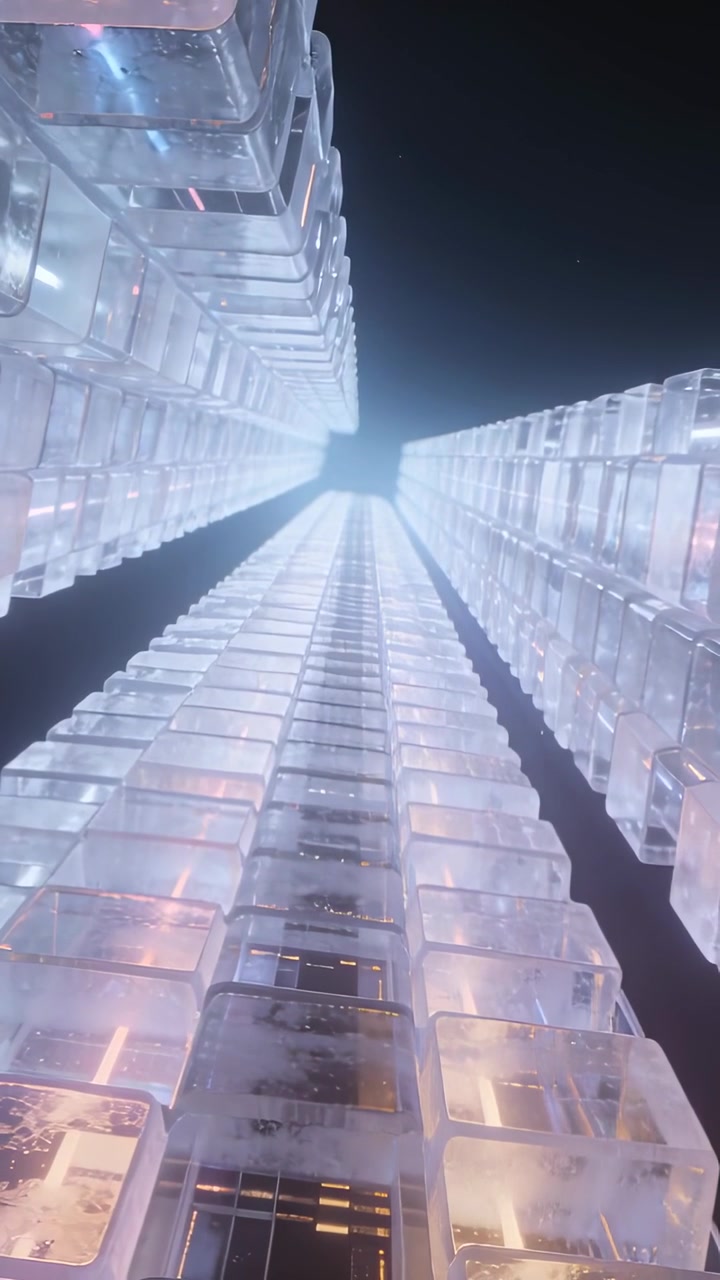 Video verticale: Telecamera in panoramica che si muove verso l'alto tra alte facciate parallele di notte, rivelando moduli.