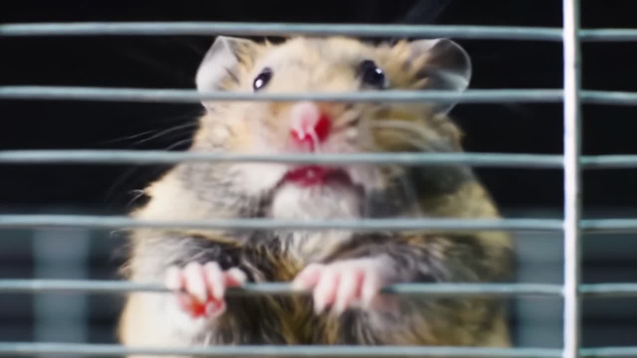 A Curious Hamster Behind Bars: Observing the Playful Creature as It Explores Its Cage and Interacts with Its Surroundings in a Captivating Close-Up