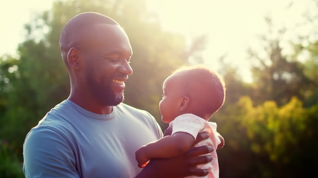 A loving father and baby share happy moments outdoors in the sunlight