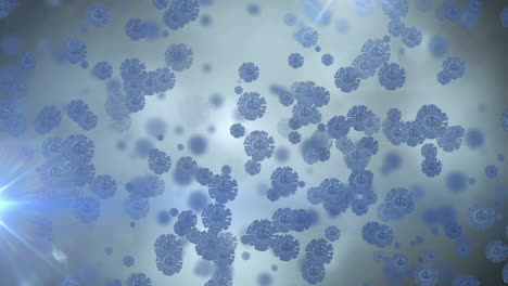 animation of covid 19 cells floating on flickering blue background