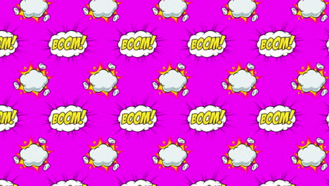 animation of multiple vintage comic cartoon speech bubbles and clouds with boom! text moving
